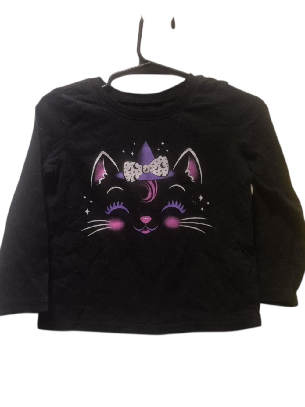 The Children's Place Black Long Sleeve Cat Face Tee with Purple Accents